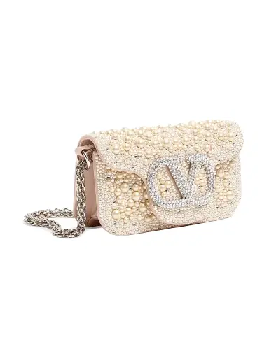 Valentino Garavani Women's Locò Shoulder Bag with Pearls, Rhinestones and Jewel Logo - Off White | Thumbnail 4 Valentino Garavani Women's Locò Shoulder Bag with Pearls, Rhinestones and Jewel Logo - Off White | Thumbnail 4