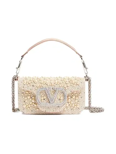 Valentino Garavani Women's Locò Shoulder Bag with Pearls, Rhinestones and Jewel Logo - Off White | Thumbnail 1 Valentino Garavani Women's Locò Shoulder Bag with Pearls, Rhinestones and Jewel Logo - Off White | Thumbnail 1