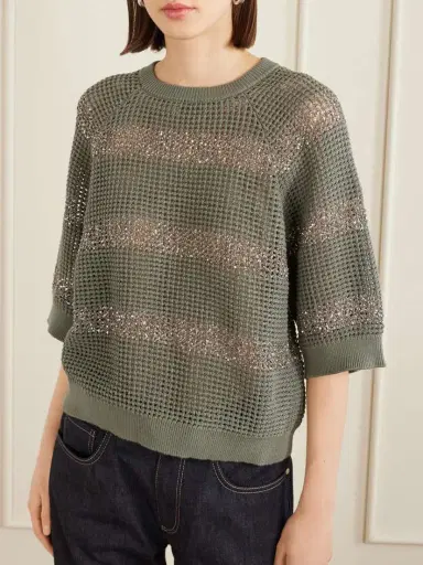 Brunello Cucinelli Sequin-embellished Striped Open-knit Cotton Sweater | Thumbnail 3 Brunello Cucinelli Sequin-embellished Striped Open-knit Cotton Sweater | Thumbnail 3