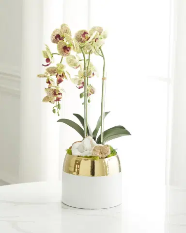 T & C Floral Company Double Orchid Faux Floral in Gold-Rimmed Ceramic Container - 22" | Thumbnail 1 T & C Floral Company Double Orchid Faux Floral in Gold-Rimmed Ceramic Container - 22" | Thumbnail 1