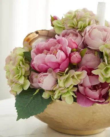 T & C Floral Company Hydrangea Faux Floral Arrangement in Hammered Metal Bowl with Selenite and Agate Slabs - 17" | Thumbnail 2 T & C Floral Company Hydrangea Faux Floral Arrangement in Hammered Metal Bowl with Selenite and Agate Slabs - 17" | Thumbnail 2