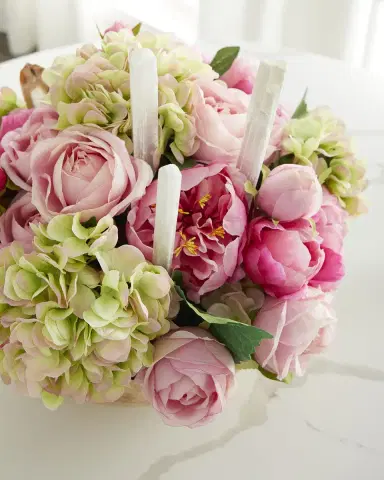 T & C Floral Company Hydrangea Faux Floral Arrangement in Hammered Metal Bowl with Selenite and Agate Slabs - 17" | Thumbnail 3 T & C Floral Company Hydrangea Faux Floral Arrangement in Hammered Metal Bowl with Selenite and Agate Slabs - 17" | Thumbnail 3