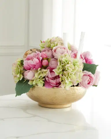 T & C Floral Company Hydrangea Faux Floral Arrangement in Hammered Metal Bowl with Selenite and Agate Slabs - 17" | Thumbnail 1 T & C Floral Company Hydrangea Faux Floral Arrangement in Hammered Metal Bowl with Selenite and Agate Slabs - 17" | Thumbnail 1