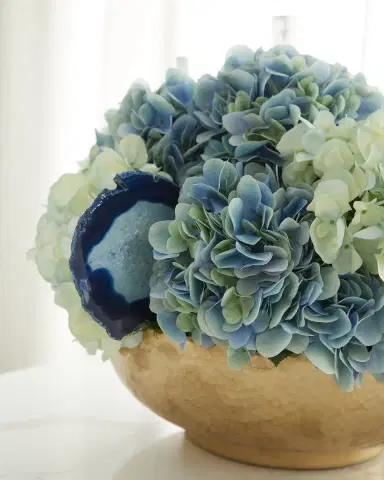 T & C Floral Company Hydrangea Faux Floral Arrangement in Hammered Metal Bowl with Selenite and Agate Slabs - 17" | Thumbnail 2 T & C Floral Company Hydrangea Faux Floral Arrangement in Hammered Metal Bowl with Selenite and Agate Slabs - 17" | Thumbnail 2