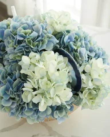T & C Floral Company Hydrangea Faux Floral Arrangement in Hammered Metal Bowl with Selenite and Agate Slabs - 17" | Thumbnail 3 T & C Floral Company Hydrangea Faux Floral Arrangement in Hammered Metal Bowl with Selenite and Agate Slabs - 17" | Thumbnail 3