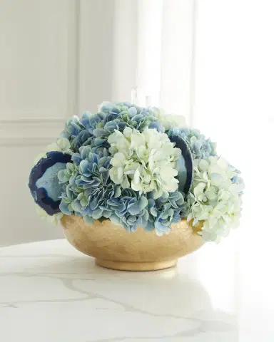 T & C Floral Company Hydrangea Faux Floral Arrangement in Hammered Metal Bowl with Selenite and Agate Slabs - 17" | Thumbnail 1 T & C Floral Company Hydrangea Faux Floral Arrangement in Hammered Metal Bowl with Selenite and Agate Slabs - 17" | Thumbnail 1