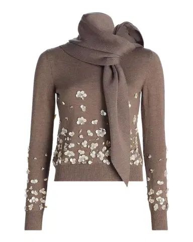 Oscar de la Renta Mother Of Pearl Embellished Wool Scarf-Neck Sweater | Thumbnail 1 Oscar de la Renta Mother Of Pearl Embellished Wool Scarf-Neck Sweater | Thumbnail 1