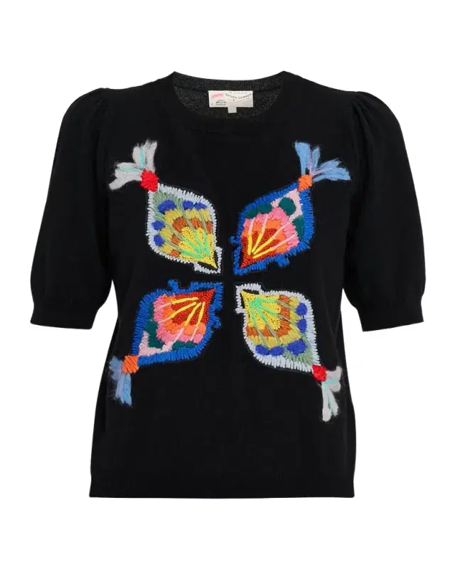 Embroidered Wool-Cashmere Short-Sleeve Sweater Embroidered Wool-Cashmere Short-Sleeve Sweater