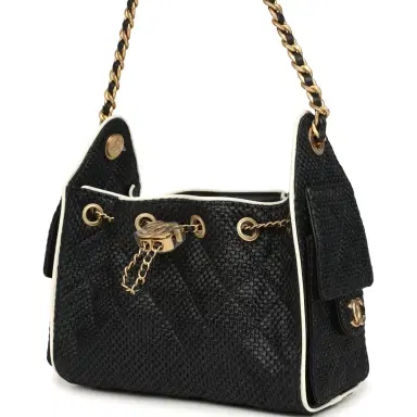 Chanel Chanel Mini 25 Hobo Bag Black Raffia and White Calfskin Antique Gold Hardware | Thumbnail 5 Chanel Chanel Mini 25 Hobo Bag Black Raffia and White Calfskin Antique Gold Hardware | Thumbnail 5