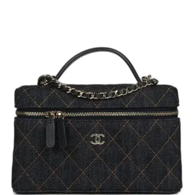 Chanel Chanel Top Handle Long Vanity Case with Chain Dark Blue Denim Light Gold Hardware | Thumbnail 1 Chanel Chanel Top Handle Long Vanity Case with Chain Dark Blue Denim Light Gold Hardware | Thumbnail 1