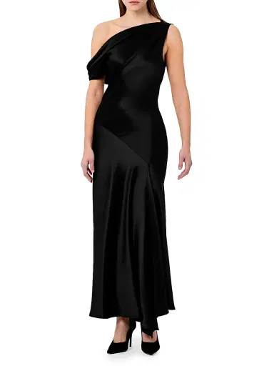 NICHOLAS Women's Sabrina Satin Off-The-Shoulder Asymmetric-Hem Evening Dress - Black | Thumbnail 2 NICHOLAS Women's Sabrina Satin Off-The-Shoulder Asymmetric-Hem Evening Dress - Black | Thumbnail 2