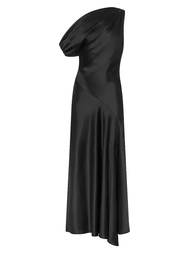 NICHOLAS Women's Sabrina Satin Off-The-Shoulder Asymmetric-Hem Evening Dress - Black | Thumbnail 1 NICHOLAS Women's Sabrina Satin Off-The-Shoulder Asymmetric-Hem Evening Dress - Black | Thumbnail 1