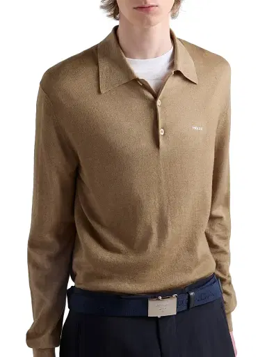 Prada Men's Wool and Silk Polo Sweater - Brown | Thumbnail 2 Prada Men's Wool and Silk Polo Sweater - Brown | Thumbnail 2