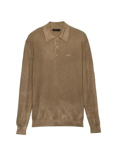 Prada Men's Wool and Silk Polo Sweater - Brown | Thumbnail 1 Prada Men's Wool and Silk Polo Sweater - Brown | Thumbnail 1