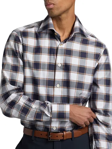 Kiton Men's Bold Plaid Cotton Shirt - Brown | Thumbnail 6 Kiton Men's Bold Plaid Cotton Shirt - Brown | Thumbnail 6