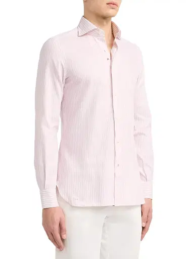Isaia Men's Faded Bengal Stripe Cotton Shirt - White Pink | Thumbnail 3 Isaia Men's Faded Bengal Stripe Cotton Shirt - White Pink | Thumbnail 3