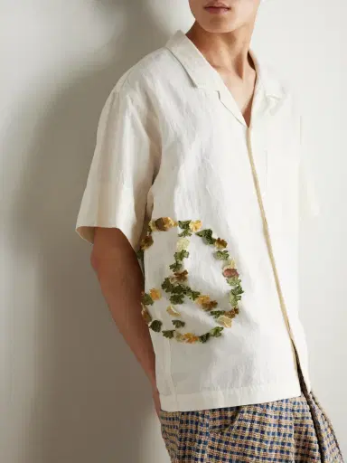 Story Mfg. Greetings Oversized Camp-Collar Appliquéd Organic Cotton Shirt - Men | Thumbnail 3 Story Mfg. Greetings Oversized Camp-Collar Appliquéd Organic Cotton Shirt - Men | Thumbnail 3