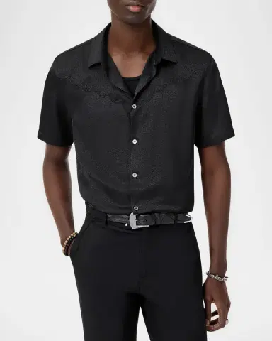 JOHN VARVATOS Men's Embroidered Jacquard Short-Sleeve Shirt | Thumbnail 2 JOHN VARVATOS Men's Embroidered Jacquard Short-Sleeve Shirt | Thumbnail 2