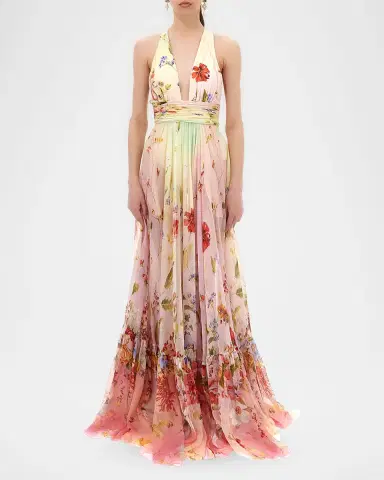 Roberto Cavalli Miami Flowers Print Plunging Silk Chiffon Gown | Thumbnail 2 Roberto Cavalli Miami Flowers Print Plunging Silk Chiffon Gown | Thumbnail 2