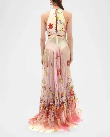 Roberto Cavalli Miami Flowers Print Plunging Silk Chiffon Gown | Thumbnail 3 Roberto Cavalli Miami Flowers Print Plunging Silk Chiffon Gown | Thumbnail 3