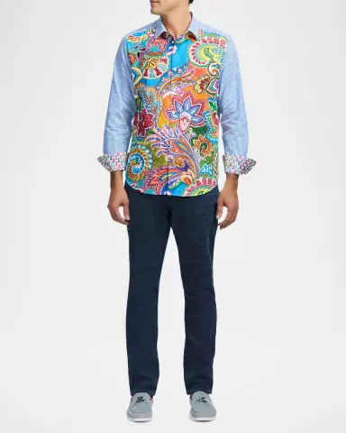 Robert Graham Men 's Floral-Stripe Cotton Button-Down Shirt | Thumbnail 2 Robert Graham Men 's Floral-Stripe Cotton Button-Down Shirt | Thumbnail 2