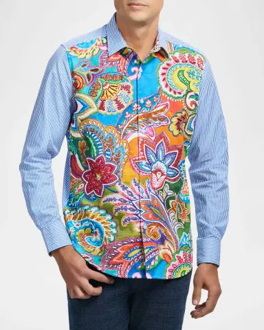 Robert Graham Men 's Floral-Stripe Cotton Button-Down Shirt | Thumbnail 4 Robert Graham Men 's Floral-Stripe Cotton Button-Down Shirt | Thumbnail 4