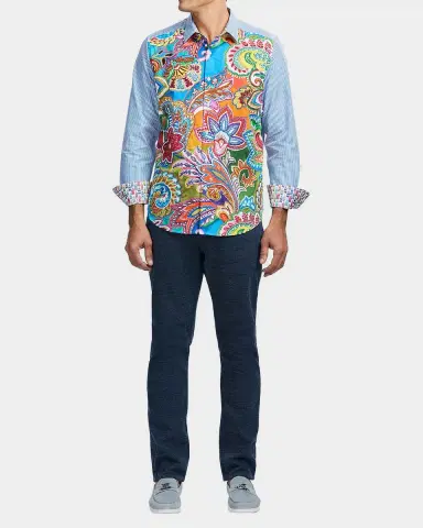 Robert Graham Men 's Floral-Stripe Cotton Button-Down Shirt | Thumbnail 7 Robert Graham Men 's Floral-Stripe Cotton Button-Down Shirt | Thumbnail 7