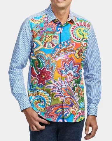 Robert Graham Men 's Floral-Stripe Cotton Button-Down Shirt | Thumbnail 9 Robert Graham Men 's Floral-Stripe Cotton Button-Down Shirt | Thumbnail 9