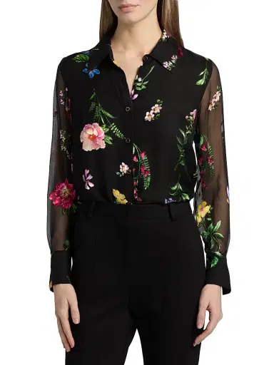 Elie Tahari Women's The Janice Floral Silk-Blend Blouse - Noir Denim Garden | Thumbnail 3 Elie Tahari Women's The Janice Floral Silk-Blend Blouse - Noir Denim Garden | Thumbnail 3