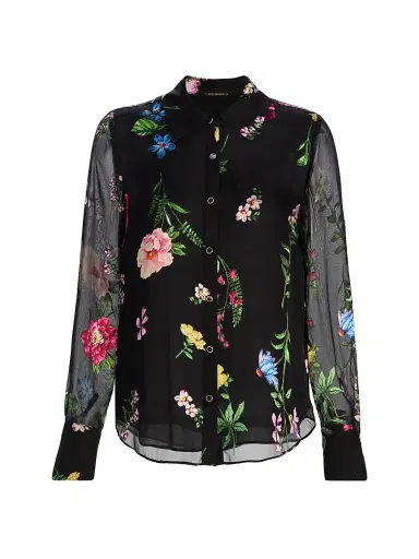 Elie Tahari Women's The Janice Floral Silk-Blend Blouse - Noir Denim Garden | Thumbnail 1 Elie Tahari Women's The Janice Floral Silk-Blend Blouse - Noir Denim Garden | Thumbnail 1