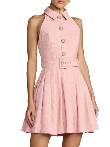 Mac Duggal Women's Bouclé Pleated Button-Front Minidress - Blush - Size 12 | Thumbnail 1 Mac Duggal Women's Bouclé Pleated Button-Front Minidress - Blush - Size 12 | Thumbnail 1