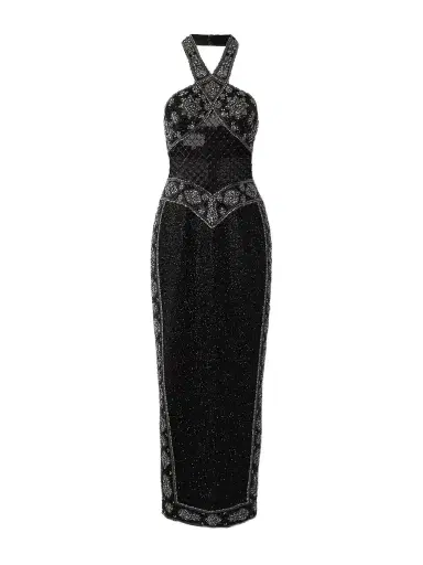 Clio Peppiatt Cyndi Cutout Embellished Mesh Halterneck Gown | Thumbnail 1 Clio Peppiatt Cyndi Cutout Embellished Mesh Halterneck Gown | Thumbnail 1