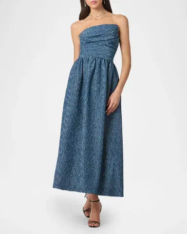 Shoshanna Sanders Strapless Pleated Jacquard Midi Dress | Thumbnail 2 Shoshanna Sanders Strapless Pleated Jacquard Midi Dress | Thumbnail 2