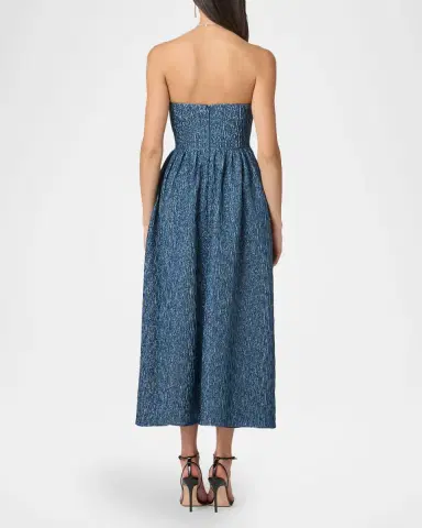 Shoshanna Sanders Strapless Pleated Jacquard Midi Dress | Thumbnail 3 Shoshanna Sanders Strapless Pleated Jacquard Midi Dress | Thumbnail 3