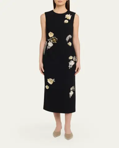 Oscar de la Renta Crystal Embroidered Tweed Sleeveless Midi Cocktail Dress | Thumbnail 2 Oscar de la Renta Crystal Embroidered Tweed Sleeveless Midi Cocktail Dress | Thumbnail 2