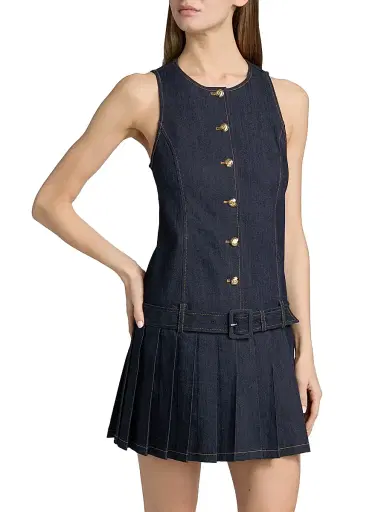Cinq à Sept Women's Elyse Belted Pleated Denim Minidress - Indigo | Thumbnail 3 Cinq à Sept Women's Elyse Belted Pleated Denim Minidress - Indigo | Thumbnail 3