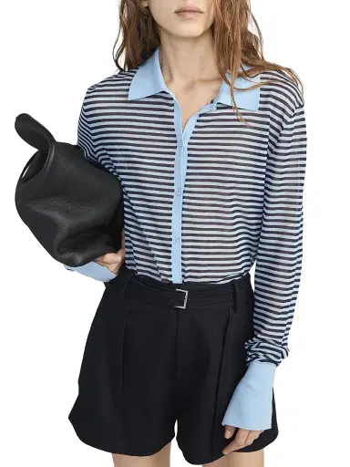 Frame Women's The Collared Striped Cotton-Blend Cardigan - Powder Blue Multi - Size Small | Thumbnail 3 Frame Women's The Collared Striped Cotton-Blend Cardigan - Powder Blue Multi - Size Small | Thumbnail 3