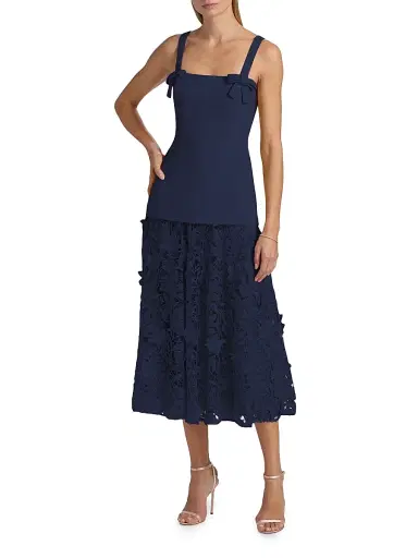 Badgley Mischka Women's Mixed-Media Lace Midi-Dress - Navy | Thumbnail 3 Badgley Mischka Women's Mixed-Media Lace Midi-Dress - Navy | Thumbnail 3