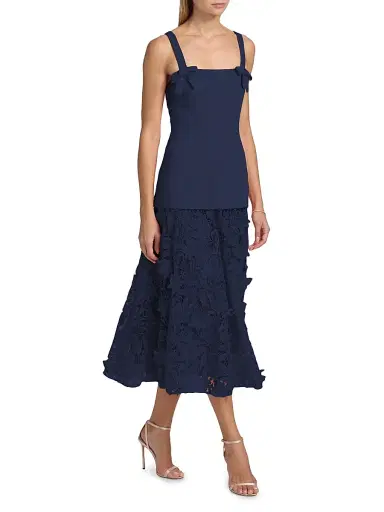 Badgley Mischka Women's Mixed-Media Lace Midi-Dress - Navy | Thumbnail 4 Badgley Mischka Women's Mixed-Media Lace Midi-Dress - Navy | Thumbnail 4