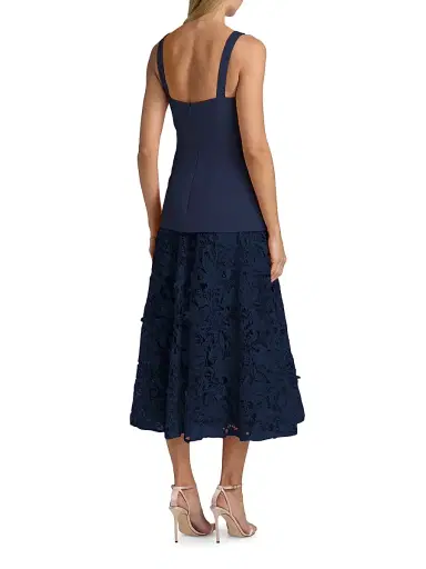 Badgley Mischka Women's Mixed-Media Lace Midi-Dress - Navy | Thumbnail 5 Badgley Mischka Women's Mixed-Media Lace Midi-Dress - Navy | Thumbnail 5