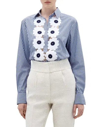 Silvia Tcherassi Women's Karole Cotton Floral Striped Blouse - Blue Stripes | Thumbnail 2 Silvia Tcherassi Women's Karole Cotton Floral Striped Blouse - Blue Stripes | Thumbnail 2