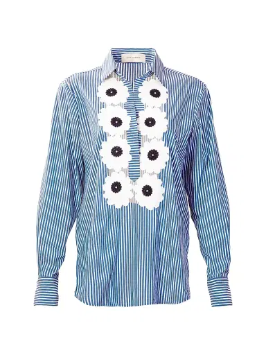 Silvia Tcherassi Women's Karole Cotton Floral Striped Blouse - Blue Stripes | Thumbnail 1 Silvia Tcherassi Women's Karole Cotton Floral Striped Blouse - Blue Stripes | Thumbnail 1
