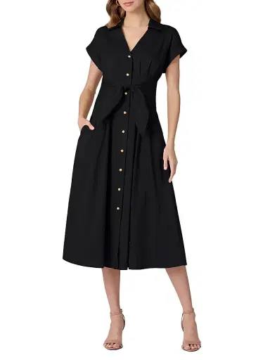 Shoshanna Women's Josephine Button-Front Midi-Dress - Jet | Thumbnail 2 Shoshanna Women's Josephine Button-Front Midi-Dress - Jet | Thumbnail 2