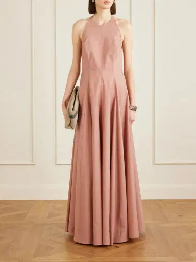 Brunello Cucinelli Pleated Cotton-blend Halterneck Maxi Dress | Thumbnail 2 Brunello Cucinelli Pleated Cotton-blend Halterneck Maxi Dress | Thumbnail 2