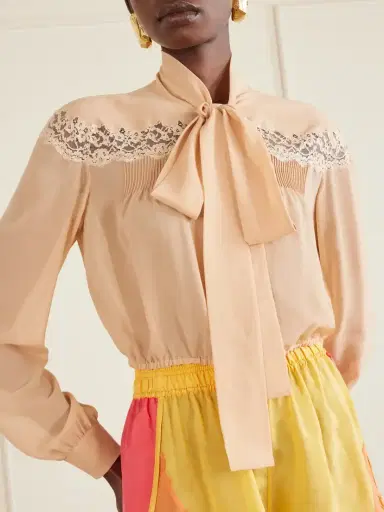 Saint Laurent Cropped Pussy-bow Lace-trimmed Silk-georgette Blouse | Thumbnail 5 Saint Laurent Cropped Pussy-bow Lace-trimmed Silk-georgette Blouse | Thumbnail 5