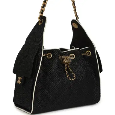 Chanel Chanel Small 25 Hobo Bag Black Raffia and White Calfskin Antique Gold Hardware | Thumbnail 2 Chanel Chanel Small 25 Hobo Bag Black Raffia and White Calfskin Antique Gold Hardware | Thumbnail 2
