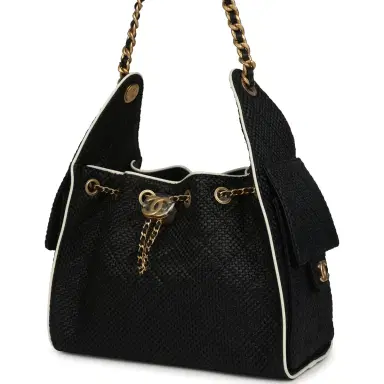 Chanel Chanel Small 25 Hobo Bag Black Raffia and White Calfskin Antique Gold Hardware | Thumbnail 3 Chanel Chanel Small 25 Hobo Bag Black Raffia and White Calfskin Antique Gold Hardware | Thumbnail 3