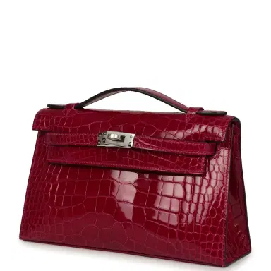 HERMÈS Hermes Kelly Pochette Rose Pourpre Shiny Alligator Mississippiensis Palladium Hardware | Thumbnail 3 HERMÈS Hermes Kelly Pochette Rose Pourpre Shiny Alligator Mississippiensis Palladium Hardware | Thumbnail 3