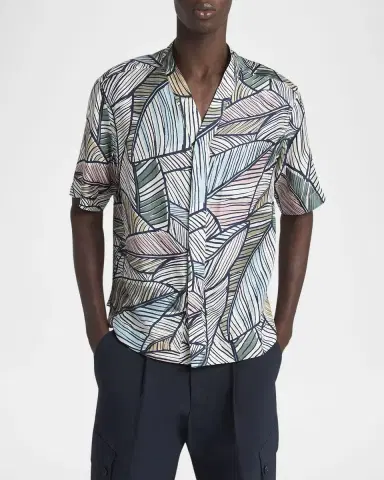 Giorgio Armani Men's Palm-Print Silk Twill Camp Shirt | Thumbnail 4 Giorgio Armani Men's Palm-Print Silk Twill Camp Shirt | Thumbnail 4