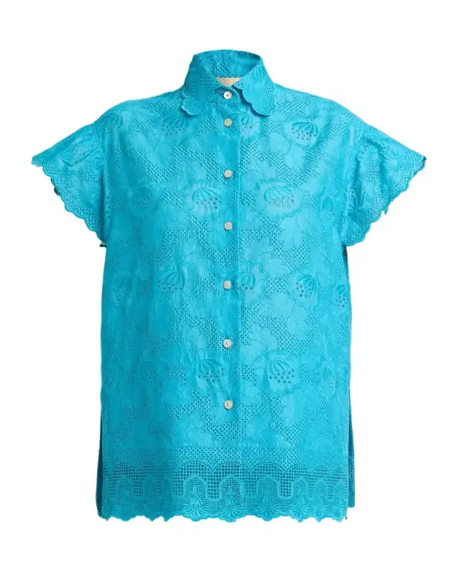 Eyelet Embroidered Short-Sleeve Button-Down Shirt Eyelet Embroidered Short-Sleeve Button-Down Shirt
